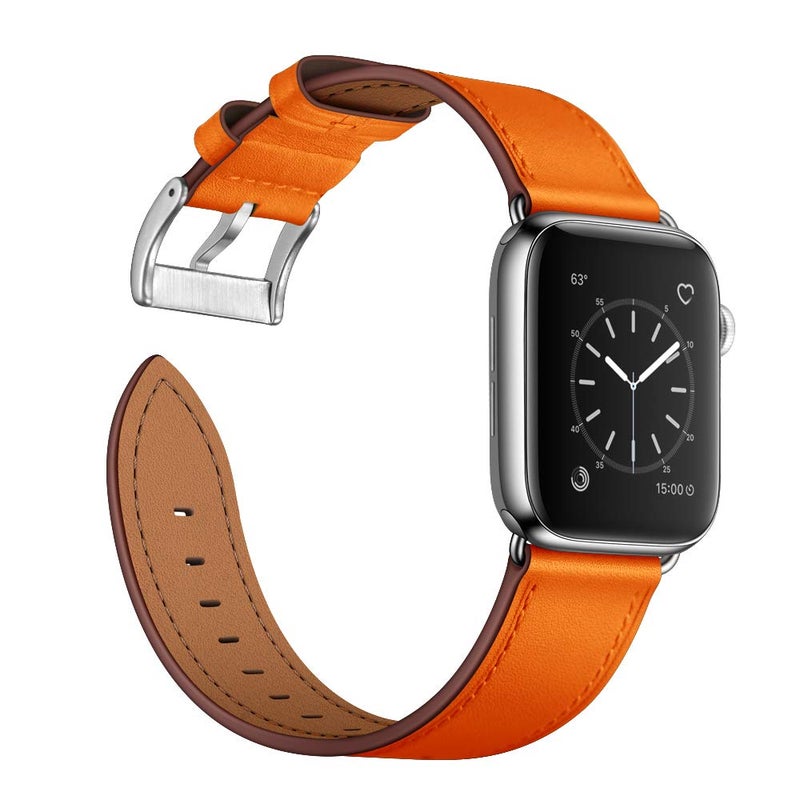 OUHENG Leather Bands Compatible with Apple Watch Band 49mm/46mm/45mm/44mm/42mm, Genuine Leather Strap for iWatch Series 11/10/9/8/7/6/5/4/3/2/1 & Ultra 3/2/1 & SE3 SE2 SE, Orange/Silver - Image 3